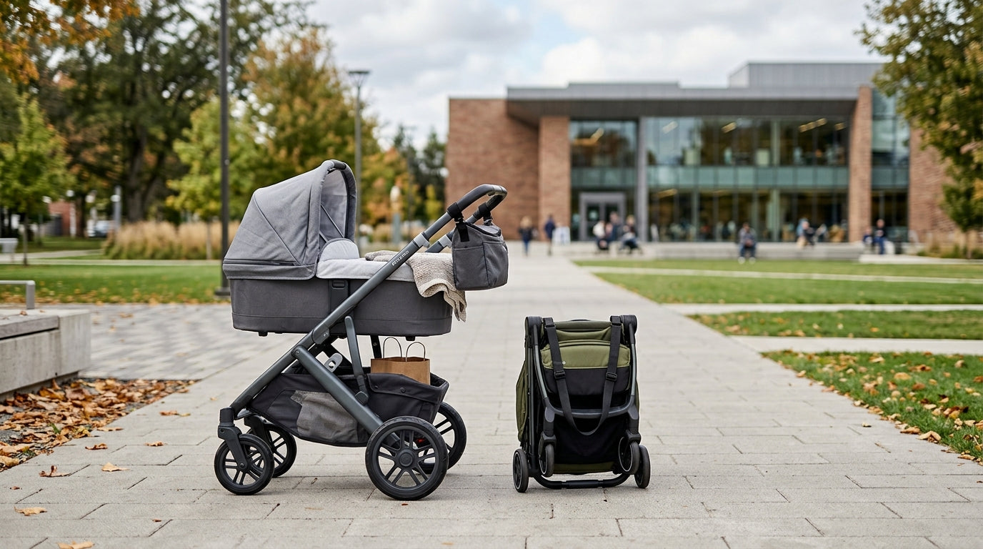A side-by-side comparison of a compact folded lightweight stroller and a robust full-size stroller in an urban setting.