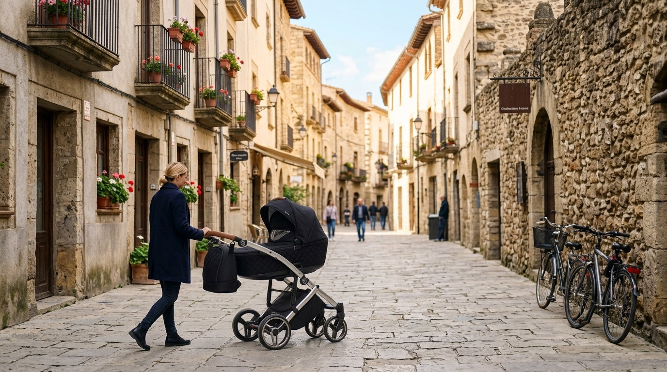 Premium Junama-style stroller being used on a European city street.