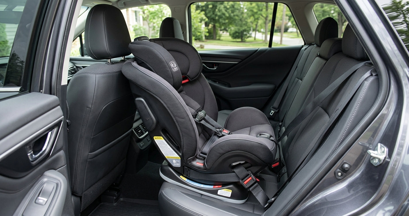 Rear- facing toddler car seat installed in a vehicle’s rear seat.