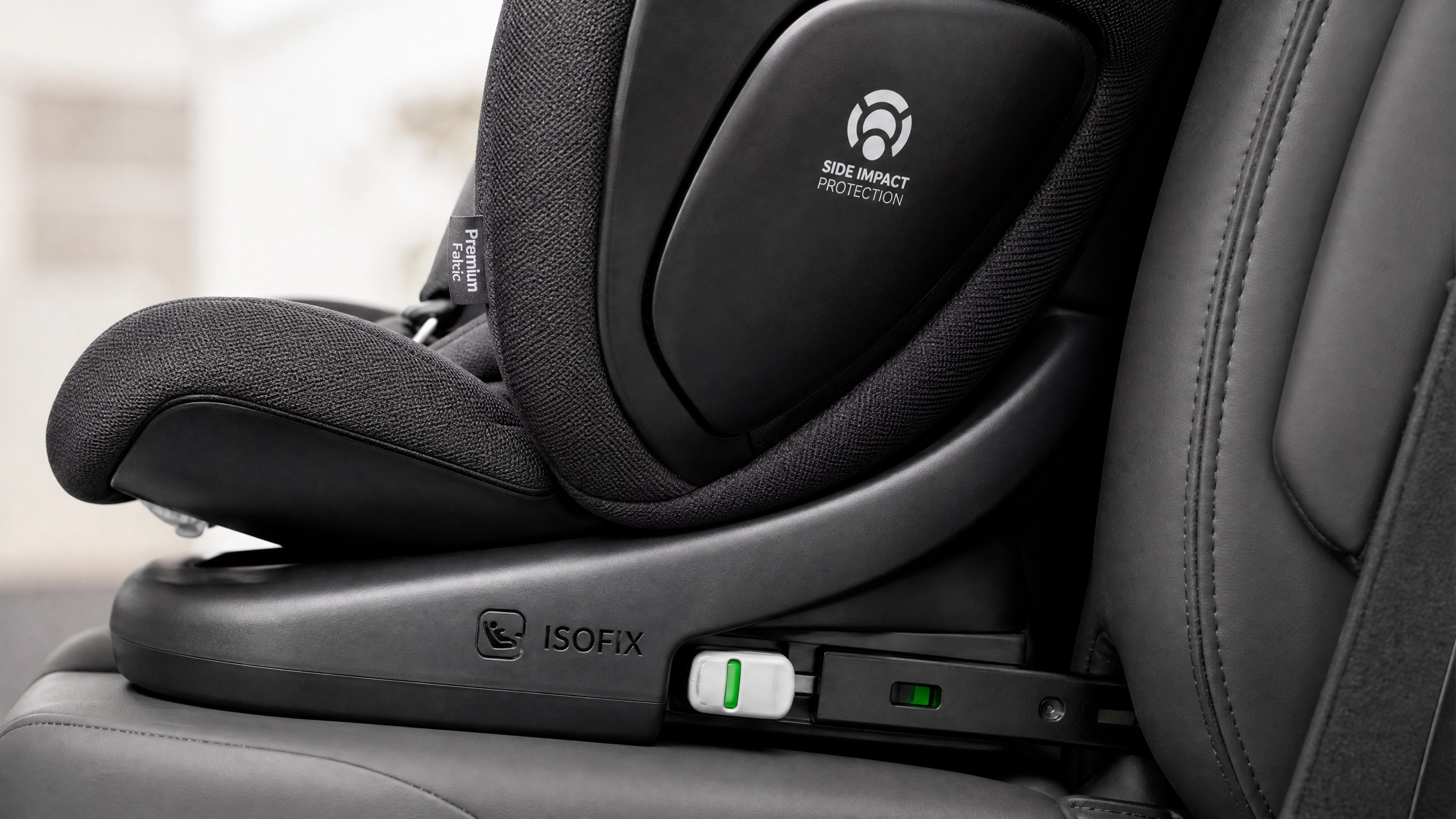 Close up of ISOFIX base mechanism on a modern European car seat