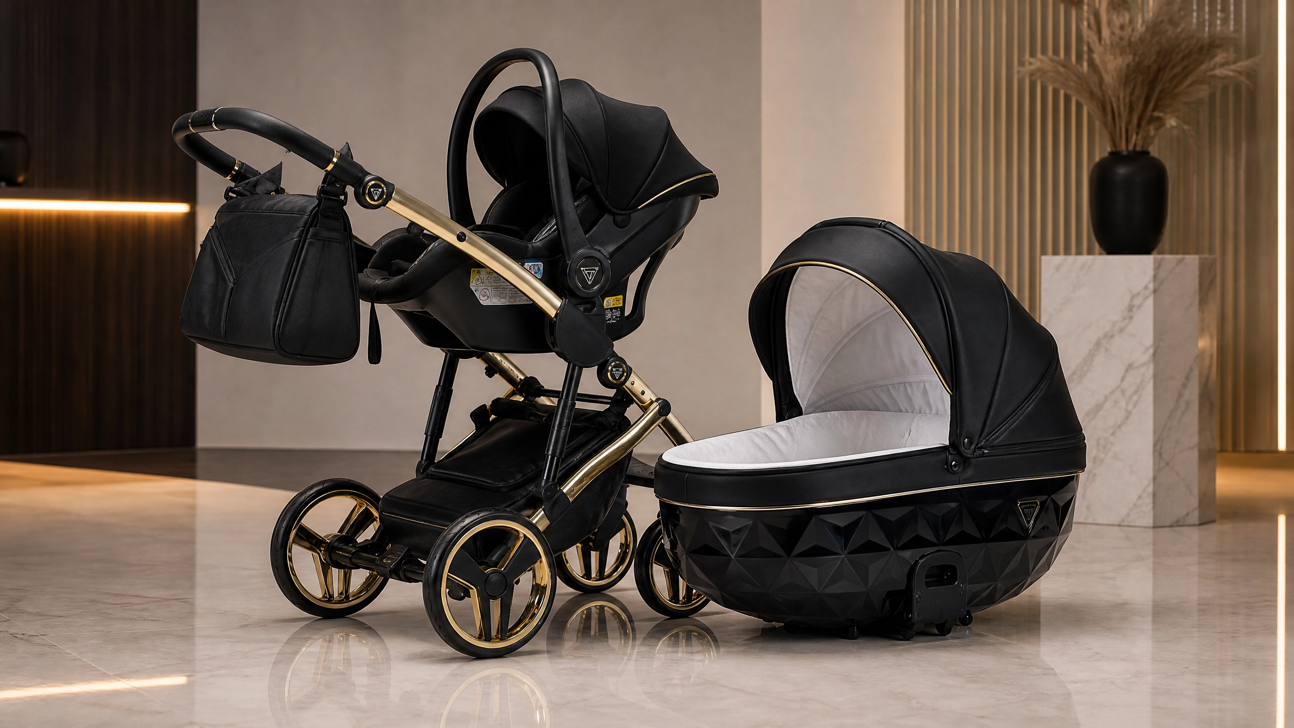 Complete baby travel system showing stroller frame, car seat, and bassinet