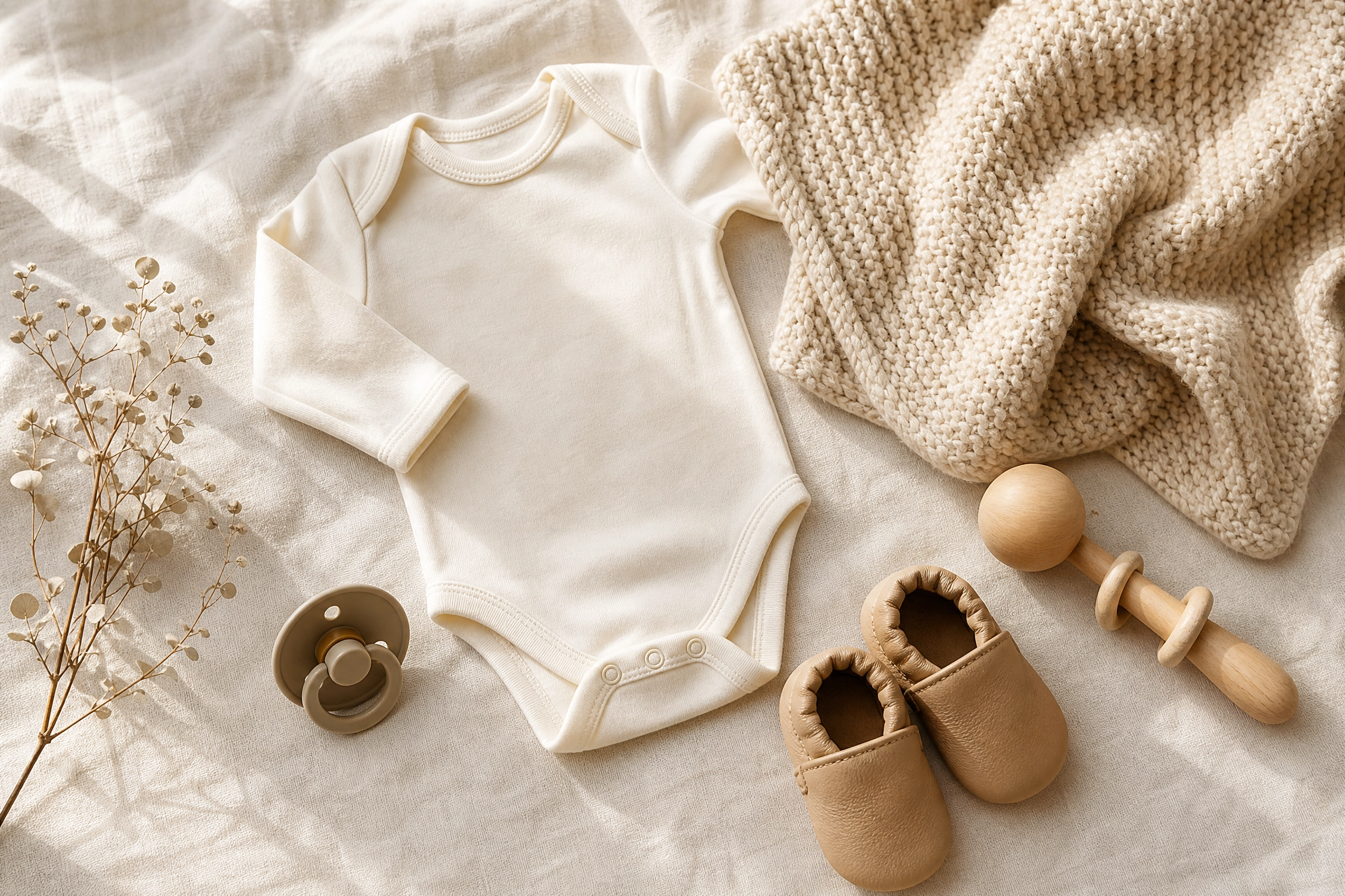 Flat lay of essential newborn baby items including a sleepsuit and blanke