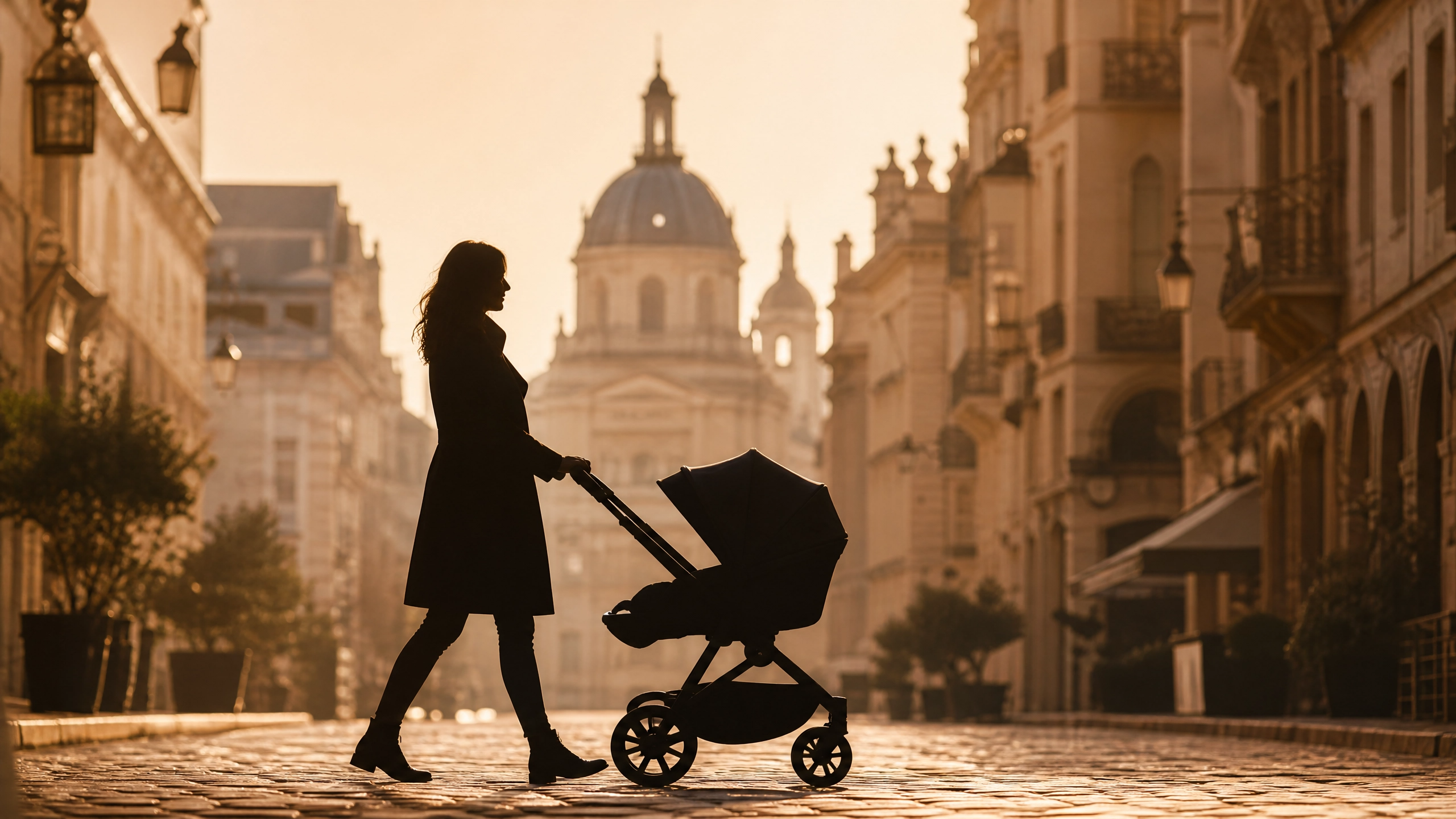 Parent pushing a modern stroller through a European city park