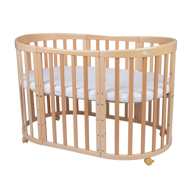 KidznBaby Waldin 7 in 1 Oval Baby Crib with Mattress - Natural Wood