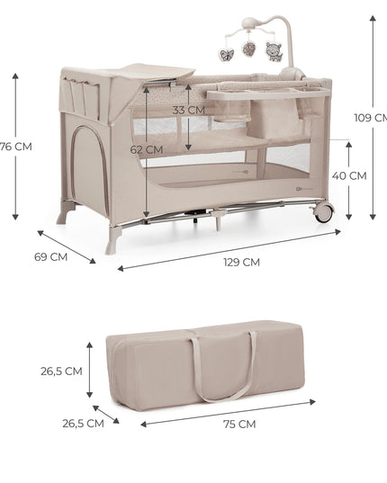 Kinderkraft JOY 2 Baby Travel Cot with detailed dimensions for spacious and portable use, perfect for travel.