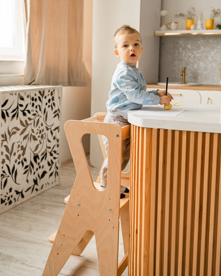 Montessori‑inspired helper tower in natural wood