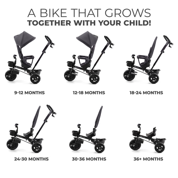 Kinderkraft Tricycle AVEO adapts for ages 9 to 36+ months in six stages.
