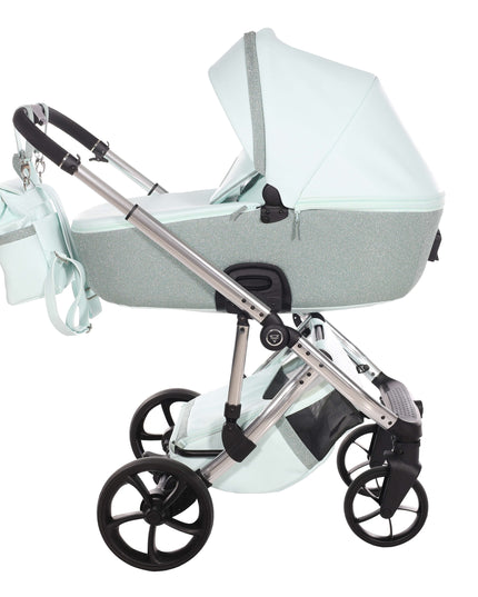 Junama TERMO GLITTER ECO stroller in mint green with adjustable canopy and stylish design.