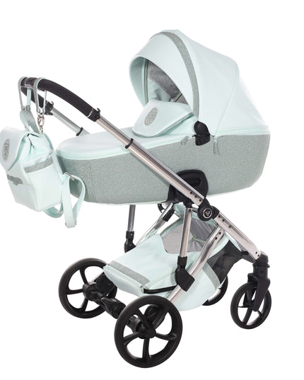 Junama TERMO GLITTER ECO stroller in mint green with matching bag, stylish and eco-friendly design.