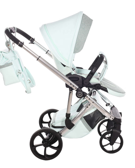 Junama TERMO GLITTER ECO Stroller in mint color with glittery accents and spacious seat.