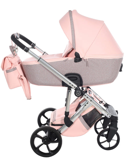 Junama TERMO GLITTER ECO stroller in pink with a silver glitter base, designed for comfort and style.