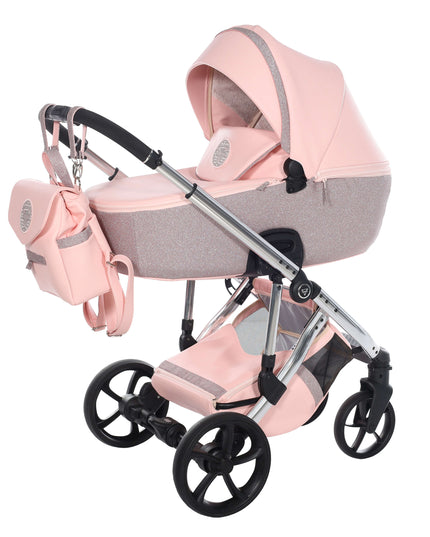 Junama TERMO GLITTER ECO stroller in pink, featuring a sleek design and spacious carrycot for infants.