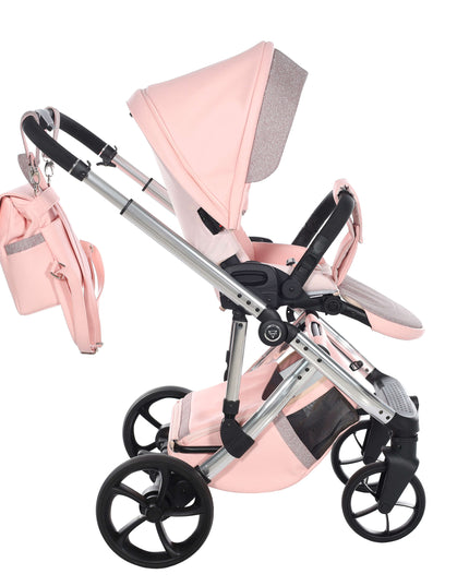 Junama TERMO GLITTER ECO stroller in pink with adjustable canopy and backpack, stylish and functional for parents.