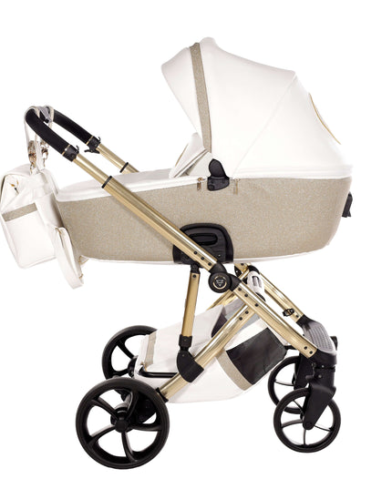 Junama TERMO GLITTER ECO Stroller in white and glitter gold, lightweight and stylish baby carrier.