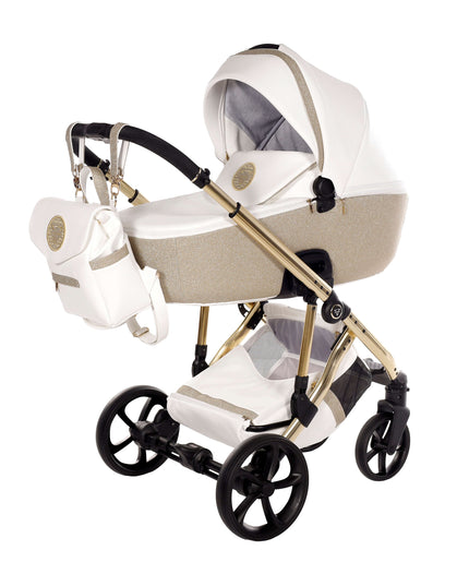 Junama TERMO GLITTER ECO Stroller featuring a stylish design with a luxurious gold finish, perfect for modern parents.