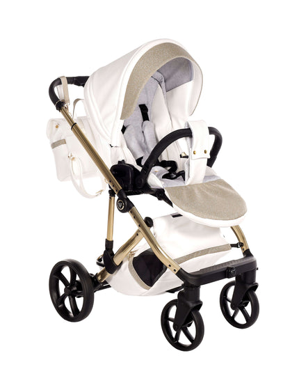 Junama TERMO GLITTER ECO stroller in white and gold, featuring a stylish design and comfortable seating for babies.