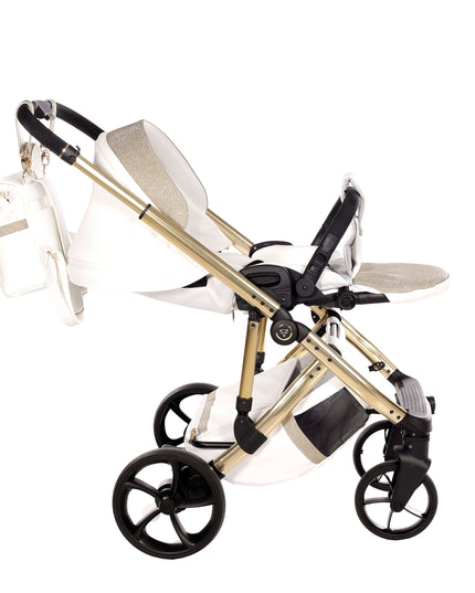 Junama TERMO GLITTER ECO Stroller in gold and white, featuring modern design and comfortable seating.