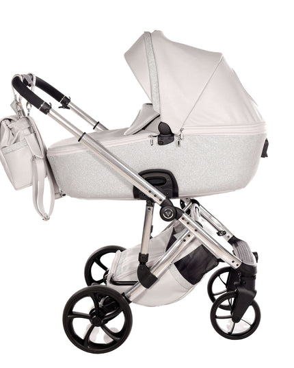 Junama TERMO GLITTER ECO Stroller in elegant white with silver glitter, featuring a spacious bassinet and stylish design.