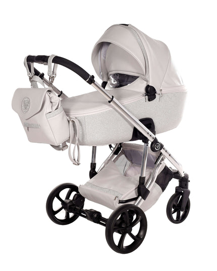 Junama TERMO GLITTER ECO Stroller in elegant grey design, featuring a stylish carrycot and convenient accessories.