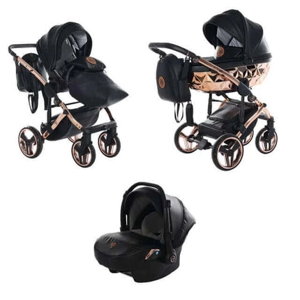 Junama Diamond Stroller Hand Craft in Black + Rose Gold Combo: 3 IN 1 (Includes Car Seat) by KIDZNBABY