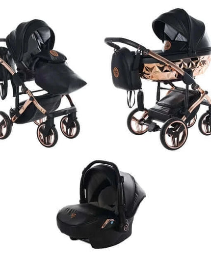 Junama Diamond Stroller Hand Craft in Black + Rose Gold Combo: 3 IN 1 (Includes Car Seat) by KIDZNBABY