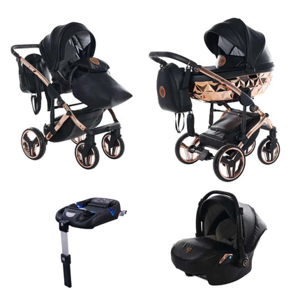 Junama Diamond Stroller Hand Craft in Black + Rose Gold, Combo: 4 IN 1 (Includes Car Seat + Isofix Base) by KIDZNBABY