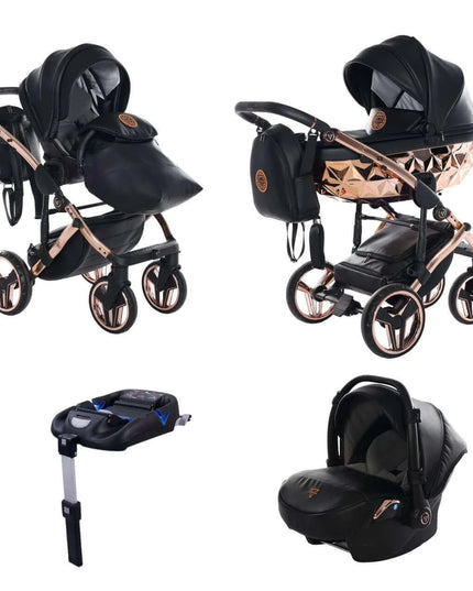 Junama Diamond Stroller Hand Craft in Black + Rose Gold, Combo: 4 IN 1 (Includes Car Seat + Isofix Base) by KIDZNBABY