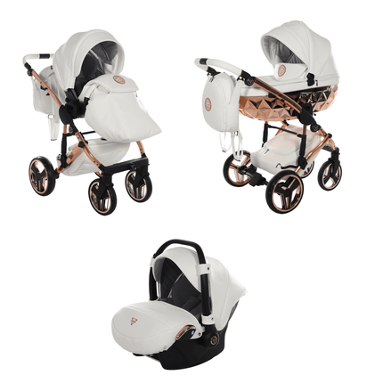 Junama Diamond Stroller Hand Craft in White + Rose Gold Combo: 3 IN 1 (Includes Car Seat) by KIDZNBABY