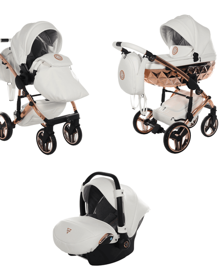 Junama Diamond Stroller Hand Craft in White + Rose Gold Combo: 3 IN 1 (Includes Car Seat) by KIDZNBABY