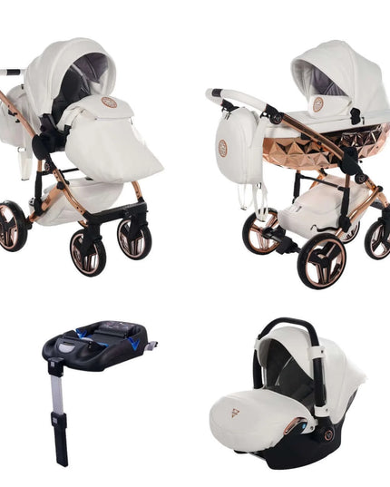 Junama Diamond Stroller Hand Craft in White + Rose Gold, Combo: 4 IN 1 (Includes Car Seat + Isofix Base) by KIDZNBABY