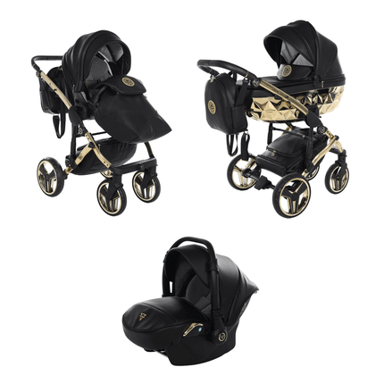 Junama Diamond Stroller Hand Craft in Black + Gold Combo: 3 IN 1 (Includes Car Seat) by KIDZNBABY
