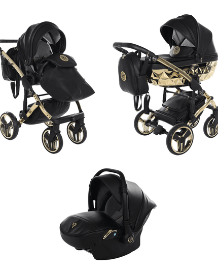 Junama Diamond Stroller Hand Craft in Black + Gold Combo: 3 IN 1 (Includes Car Seat) by KIDZNBABY