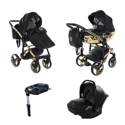 Junama Diamond Stroller Hand Craft in Black + Gold, Combo: 4 IN 1 (Includes Car Seat + Isofix Base) by KIDZNBABY