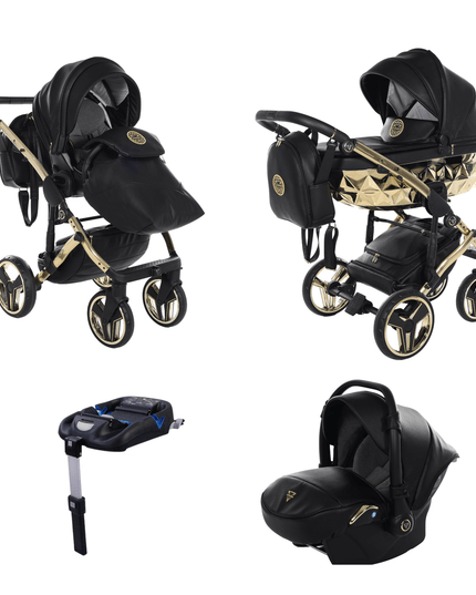 Junama Diamond Stroller Hand Craft in Black + Gold, Combo: 4 IN 1 (Includes Car Seat + Isofix Base) by KIDZNBABY