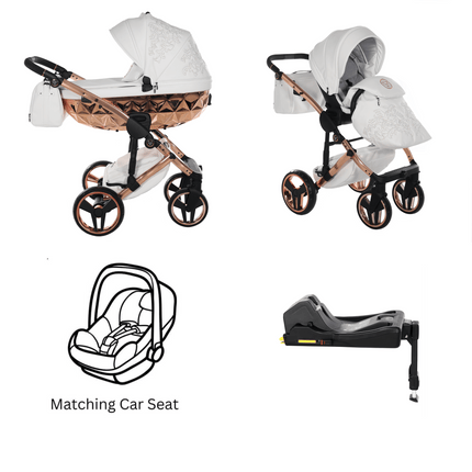 Junama Diamond ENZO Stroller in White and Copper with Car Seat