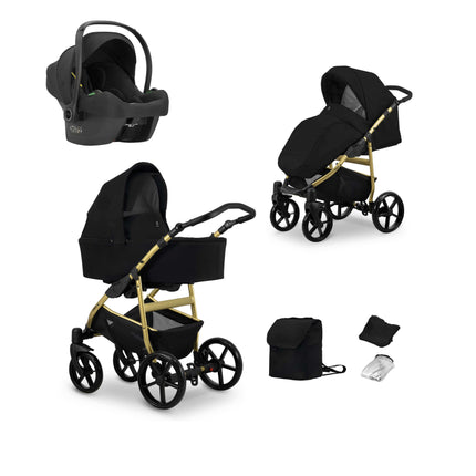 Kunert Mata Stroller Color: Mata Black Frame Color: Golden Frame Combo: 3 IN 1 (Includes Car Seat) KIDZNBABY