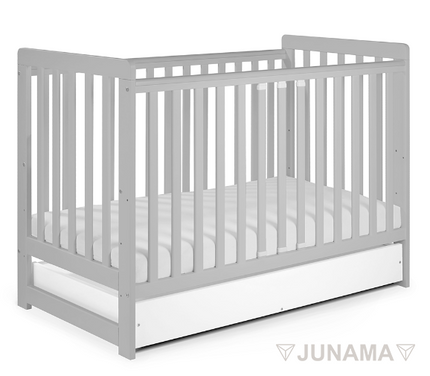 Gray crib with storage drawer