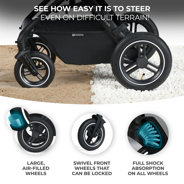Kinderkraft B-TOUR 3 IN 1 stroller highlighting all-terrain wheels
