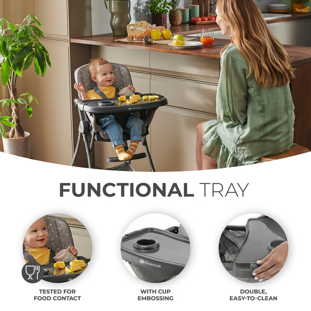 Baby in Kinderkraft High Chair FOLDEE with functional, easy-clean tray.