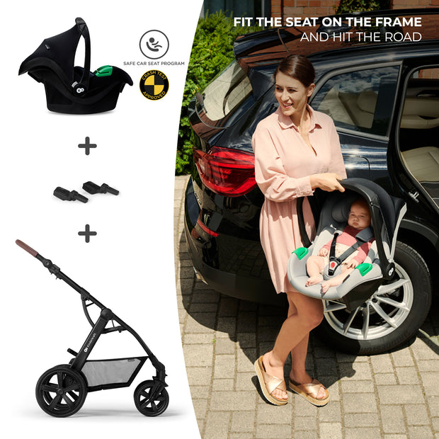 Kinderkraft MOOV CT car seat easily attaches to stroller frame for seamless travel.