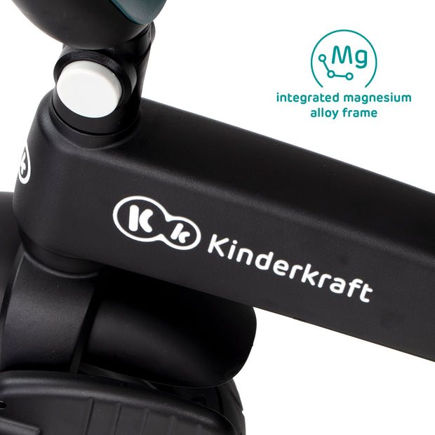 Close-up of Kinderkraft EASYTWIST logo on magnesium alloy frame.