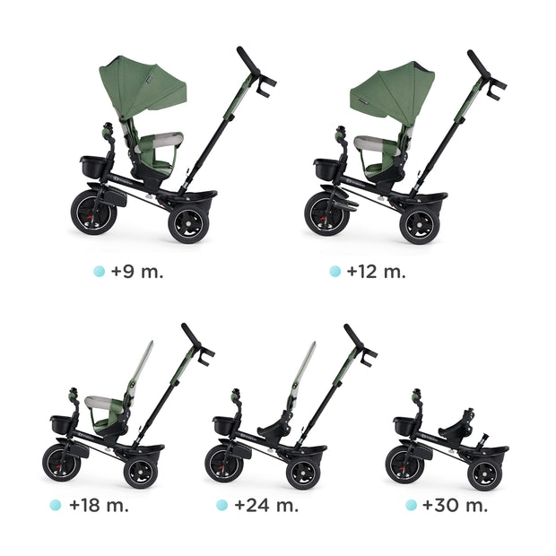 Various stages of green Kinderkraft Tricycle SPINSTEP transformation.