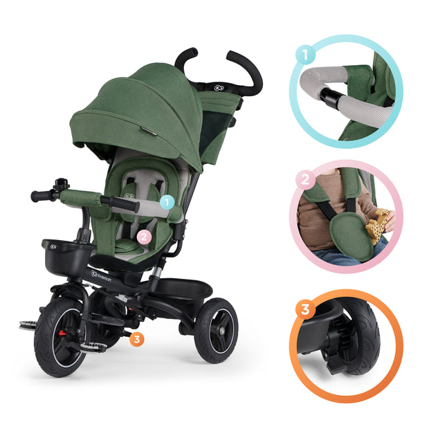Detailed features of Kinderkraft Tricycle SPINSTEP with seat and wheels.