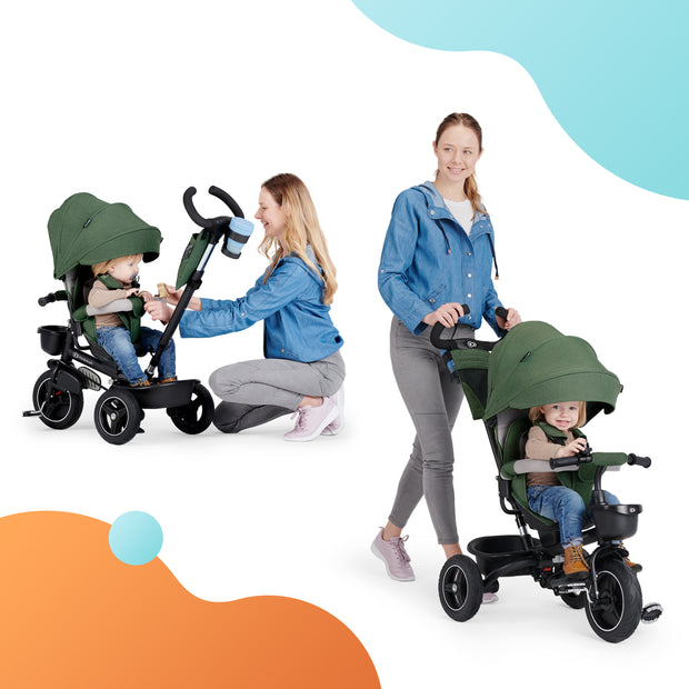 Photo of a green Kinderkraft Tricycle SPINSTEP with a child and mother.