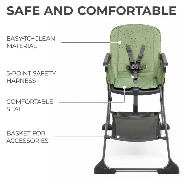 Safe Kinderkraft High Chair FOLDEE with 5-point harness and comfort seat.