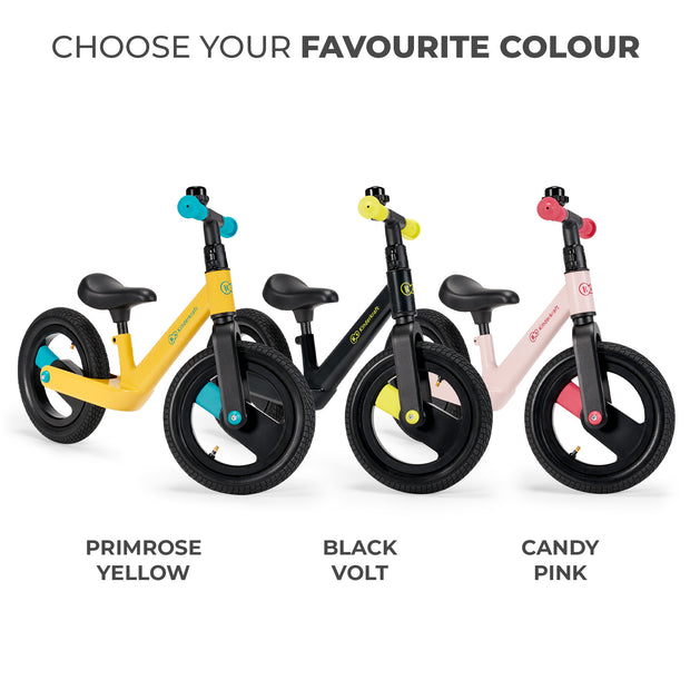Three Kinderkraft GOSWIFT Balance Bikes in primrose yellow, black volt, and candy pink colors.
