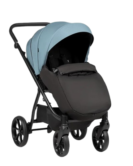 Black stroller with a light blue canopy on a white background