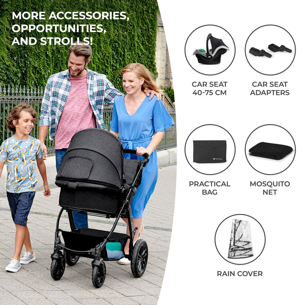 Family with Kinderkraft MOOV stroller and included accessories for travel