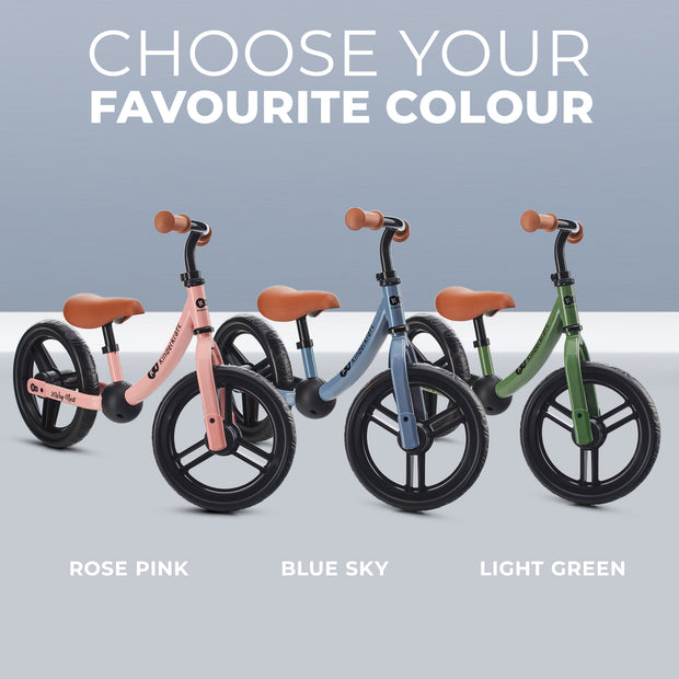 Color options of Kinderkraft Balance Bike 2WAY NEXT: pink, blue, green.