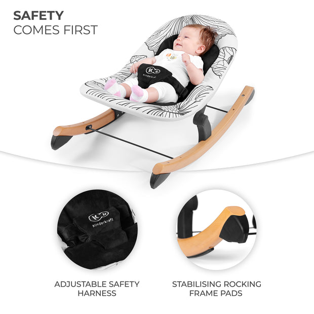 Safety focused design of Kinderkraft Bouncer FINIO with harness.